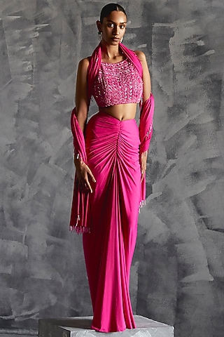 Hot Pink Raw Silk Gathered High-Waist Skirt Set by Manika Nanda