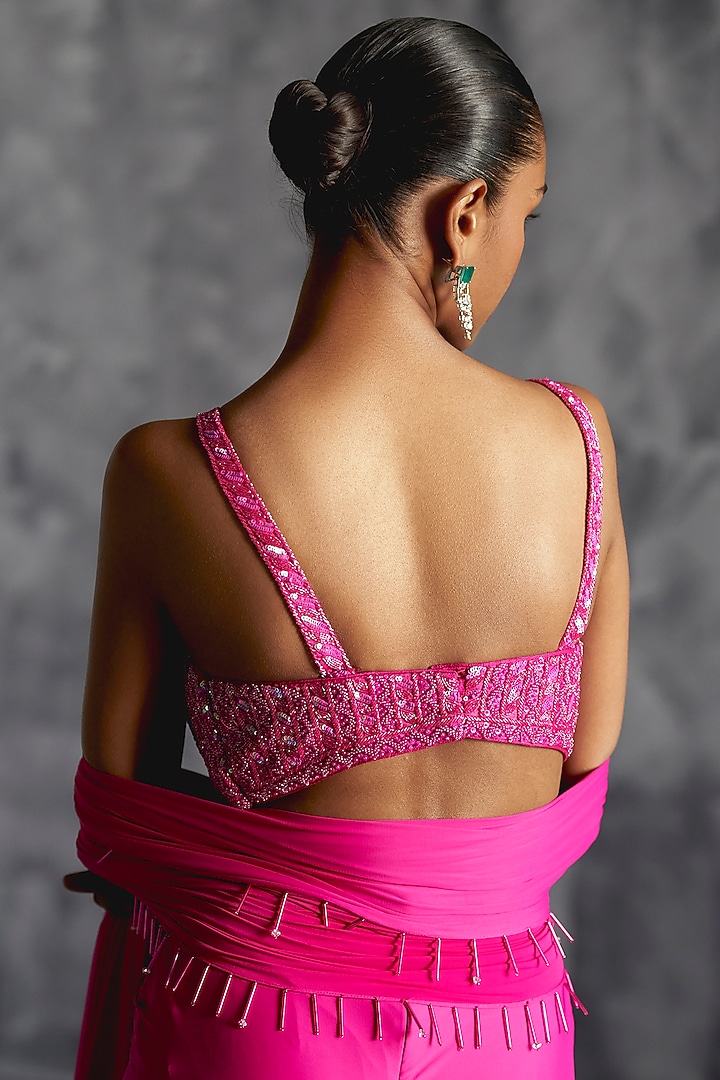 Hot Pink Raw Silk Gathered High-Waist Skirt Set by Manika Nanda at Pernia's Pop Up Shop