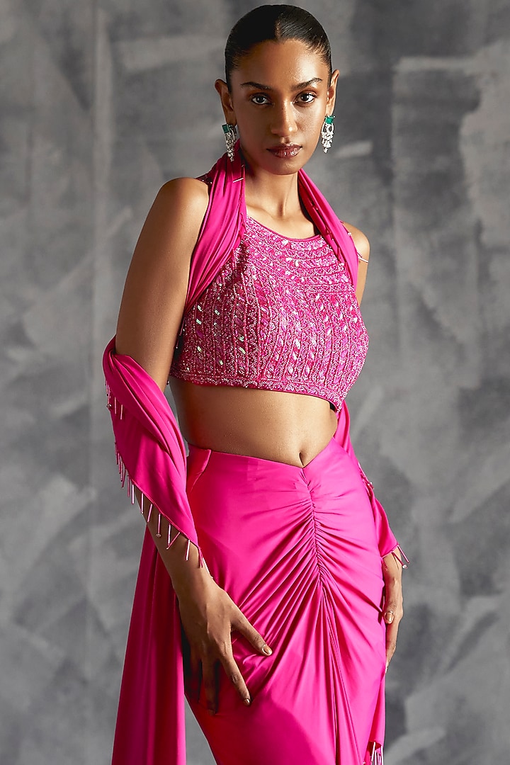 Hot Pink Raw Silk Gathered High-Waist Skirt Set by Manika Nanda at Pernia's Pop Up Shop