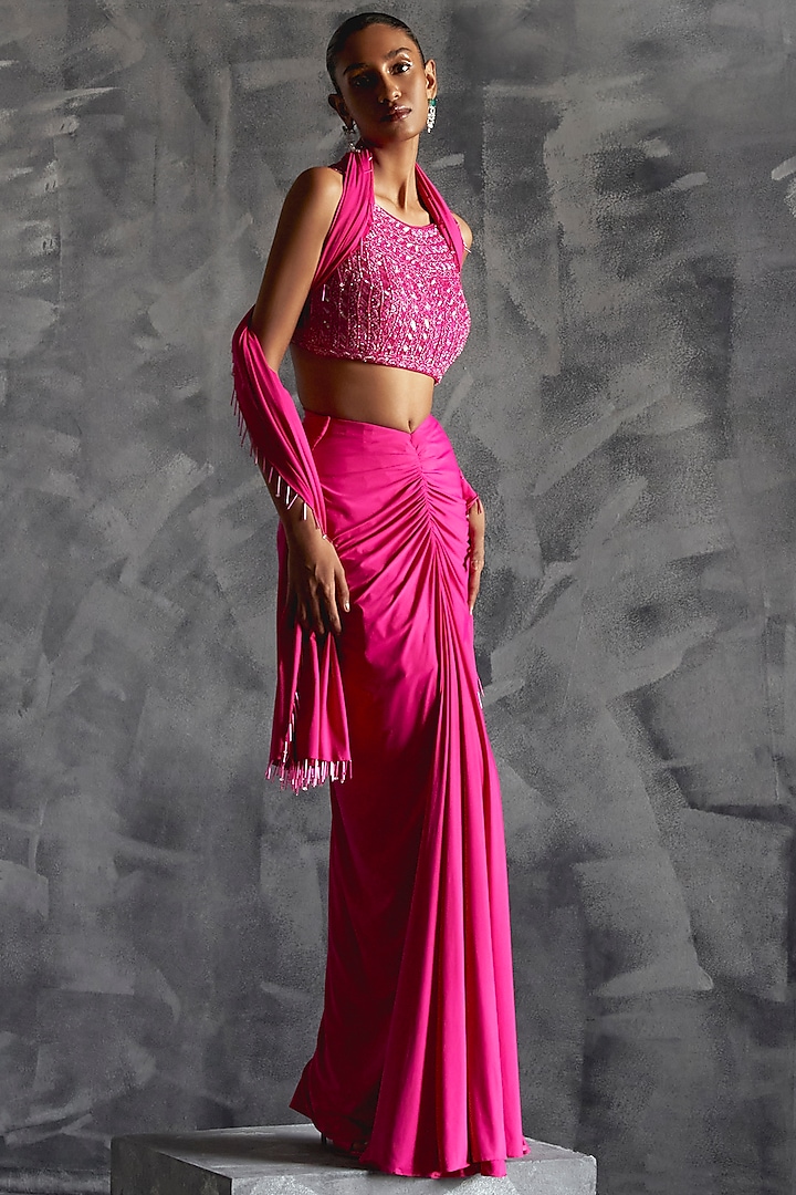 Hot Pink Raw Silk Gathered High-Waist Skirt Set by Manika Nanda at Pernia's Pop Up Shop