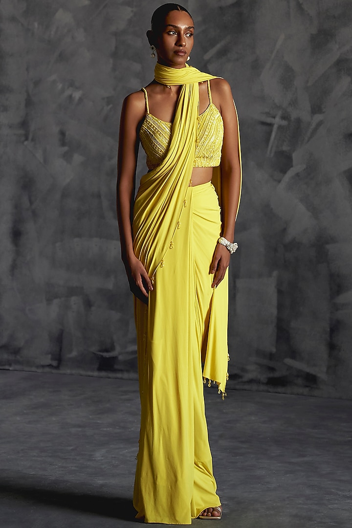 Yellow Raw Silk Draped Saree Set by Manika Nanda at Pernia's Pop Up Shop