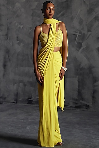Yellow Raw Silk Draped Saree Set by Manika Nanda