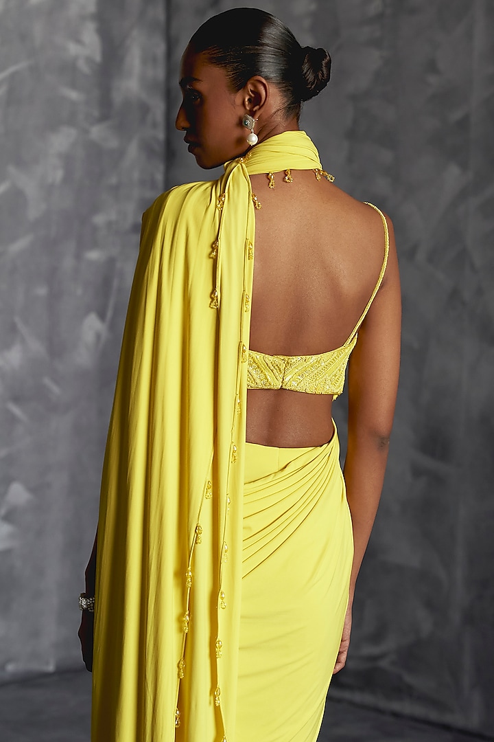 Yellow Raw Silk Draped Wedding Saree Set by Manika Nanda at Pernia's Pop Up Shop