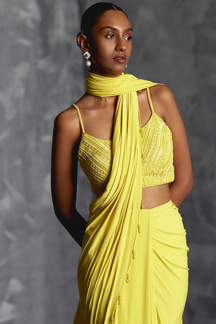 Yellow Raw Silk Draped Wedding Saree Set by Manika Nanda at Pernia's Pop Up Shop