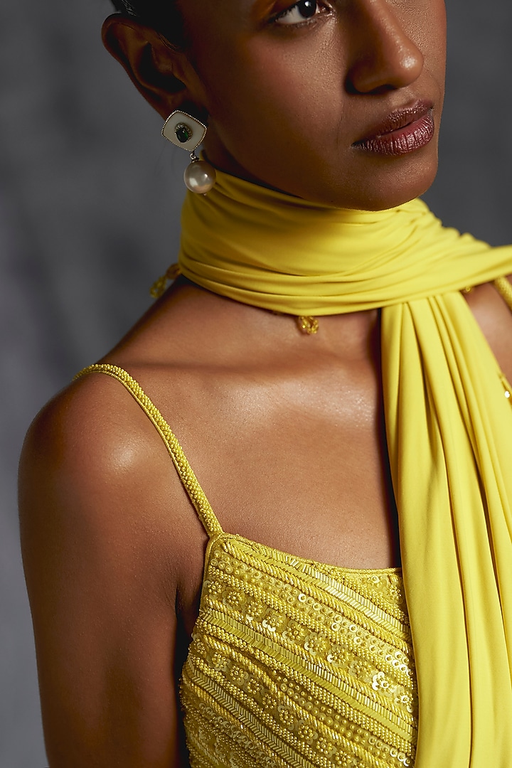 Yellow Raw Silk Draped Wedding Saree Set by Manika Nanda at Pernia's Pop Up Shop