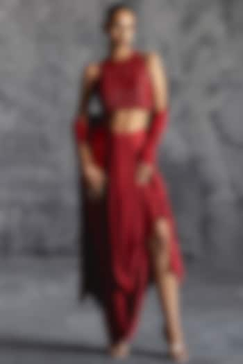 Deep Red Raw Silk Pleated Draped Skirt Set by Manika Nanda at Pernia's Pop Up Shop