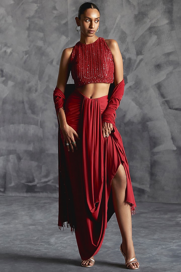 Deep Red Raw Silk Pleated Draped Skirt Set by Manika Nanda at Pernia's Pop Up Shop