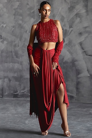 Deep Red Raw Silk Pleated Draped Skirt Set by Manika Nanda