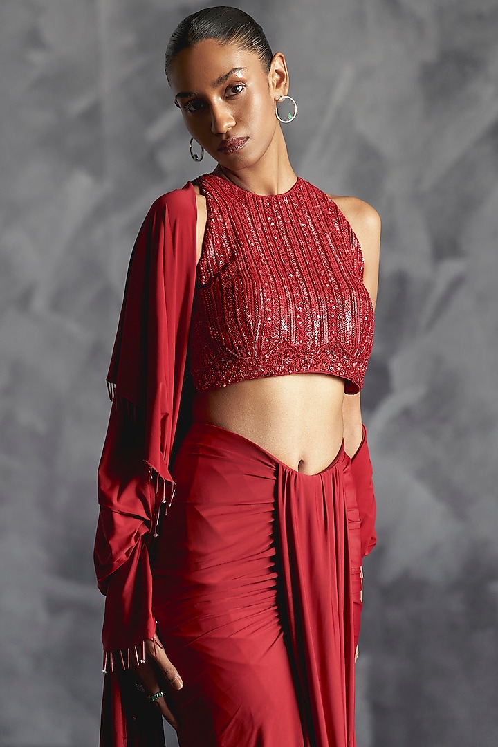 Deep Red Raw Silk Pleated Draped Skirt Set by Manika Nanda at Pernia's Pop Up Shop