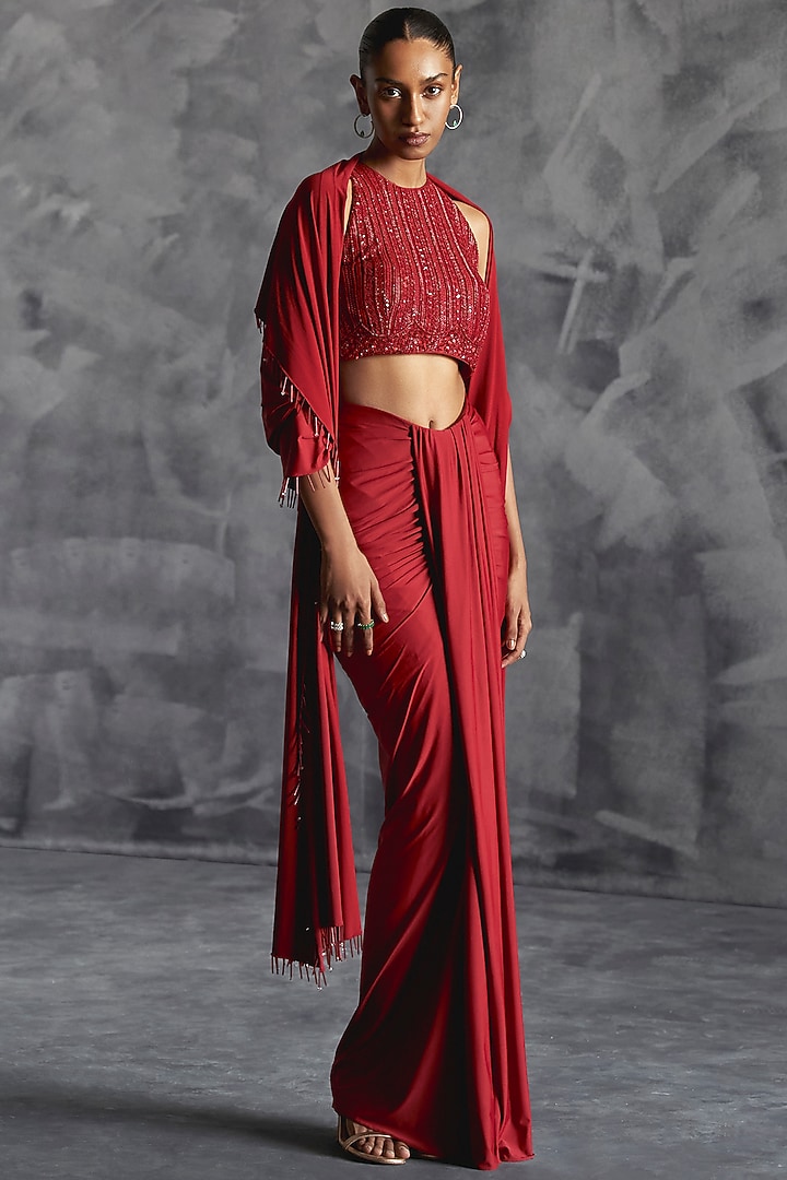 Deep Red Raw Silk Pleated Draped Skirt Set by Manika Nanda at Pernia's Pop Up Shop