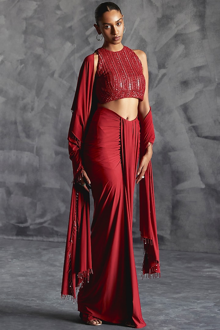 Deep Red Raw Silk Pleated Draped Skirt Set by Manika Nanda at Pernia's Pop Up Shop