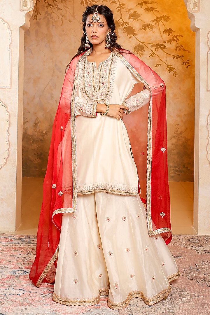 Ivory Silk Chanderi Zardosi Embroidered Wedding Sharara Set by Monica Khosla at Pernia's Pop Up Shop