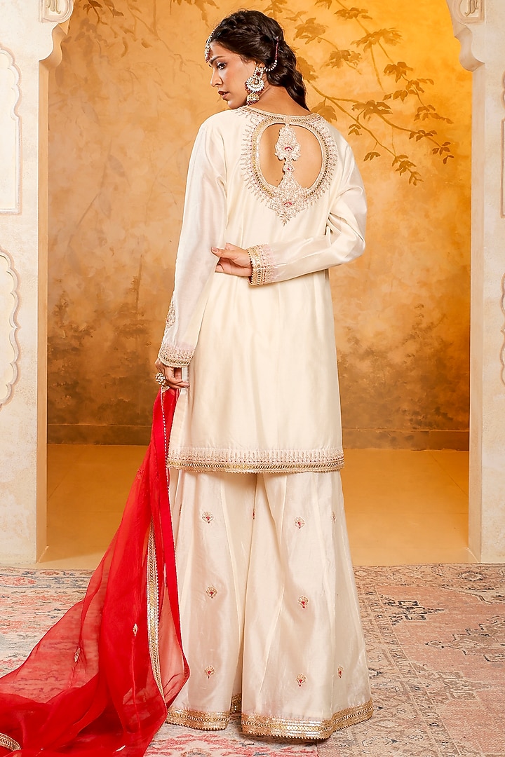 Ivory Silk Chanderi Zardosi Embroidered Wedding Sharara Set by Monica Khosla at Pernia's Pop Up Shop