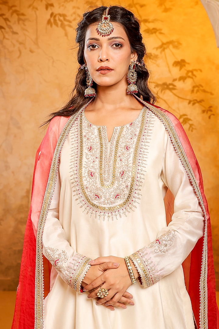 Ivory Silk Chanderi Zardosi Embroidered Wedding Sharara Set by Monica Khosla at Pernia's Pop Up Shop