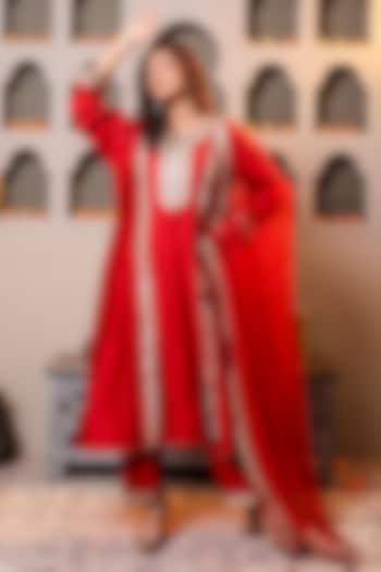 Red Silk Chanderi Embroidered Kurta Set by Monica Khosla at Pernia's Pop Up Shop