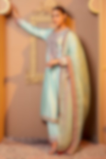 Blue Silk Chanderi Embroidered Kurta Set by Monica Khosla at Pernia's Pop Up Shop