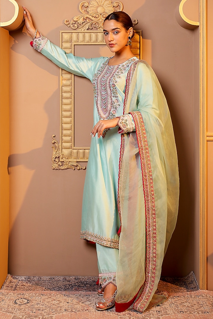 Blue Silk Chanderi Embroidered Kurta Set by Monica Khosla at Pernia's Pop Up Shop