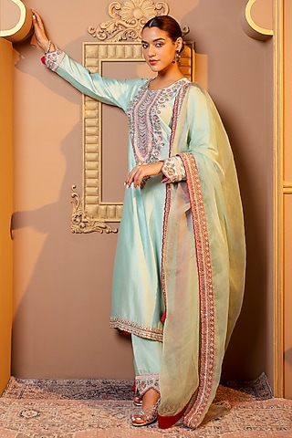 Blue Silk Chanderi Embroidered Kurta Set by Monica Khosla