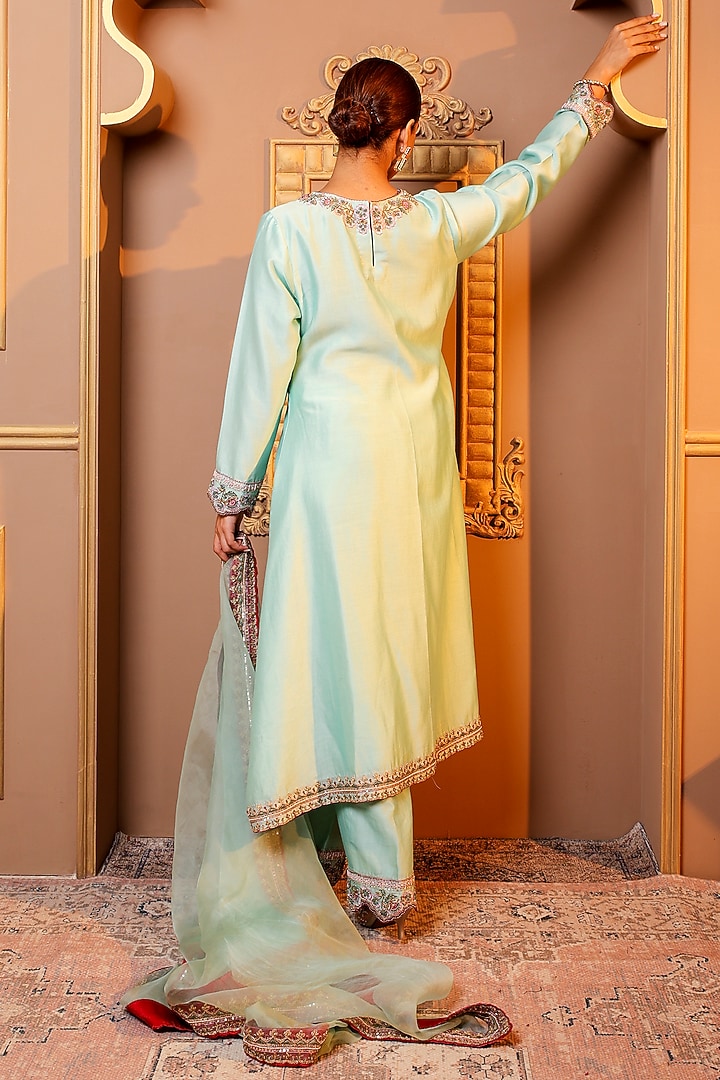 Blue Silk Chanderi Embroidered Kurta Set by Monica Khosla at Pernia's Pop Up Shop