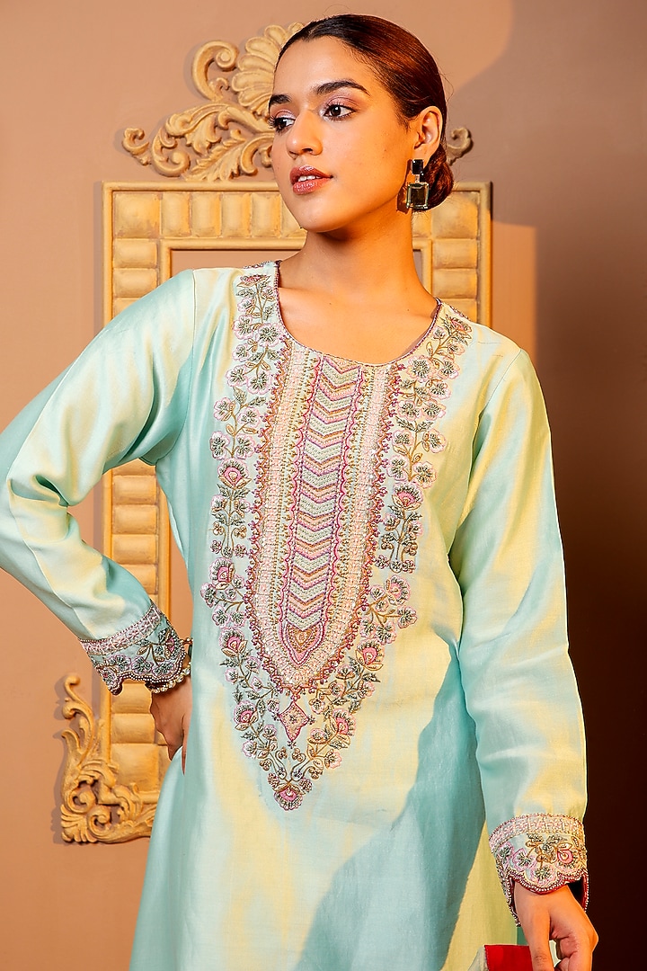 Blue Silk Chanderi Embroidered Kurta Set by Monica Khosla at Pernia's Pop Up Shop
