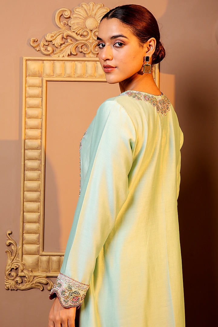 Blue Silk Chanderi Embroidered Kurta Set by Monica Khosla at Pernia's Pop Up Shop