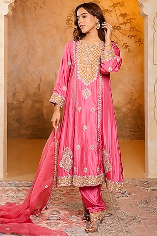 Pink Silk Embroidered Kurta Set by Monica Khosla