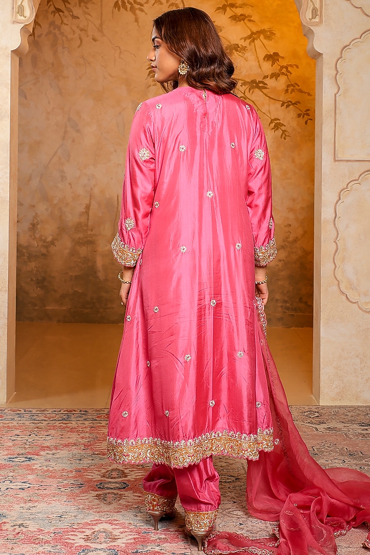 Pink Silk Embroidered Kurta Set by Monica Khosla at Pernia's Pop Up Shop