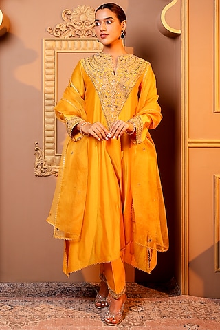 Yellow Silk Chanderi Embroidered Kurta Set by Monica Khosla