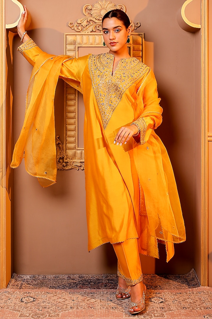 Yellow Silk Chanderi Embroidered Kurta Set by Monica Khosla at Pernia's Pop Up Shop