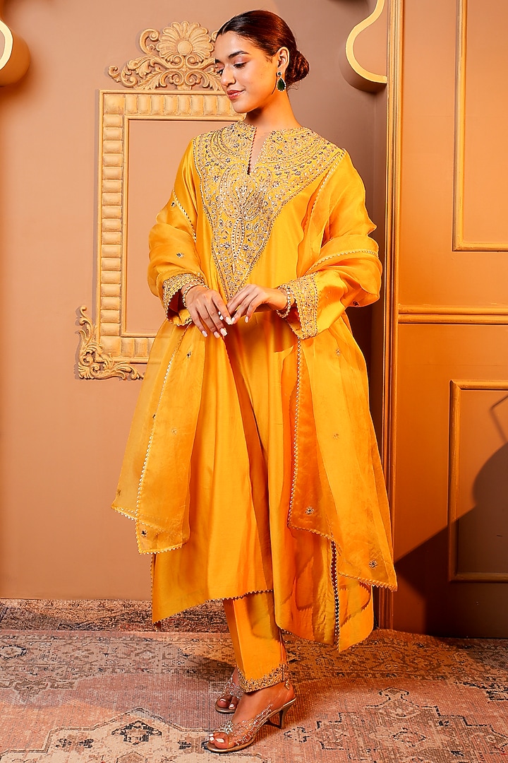Yellow Silk Chanderi Embroidered Kurta Set by Monica Khosla at Pernia's Pop Up Shop