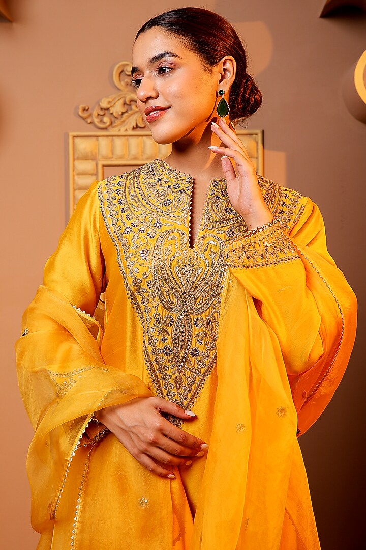 Yellow Silk Chanderi Embroidered Kurta Set by Monica Khosla at Pernia's Pop Up Shop