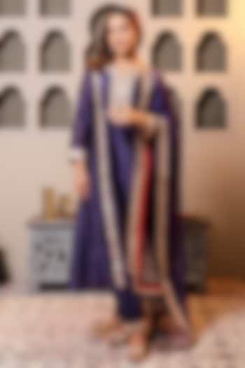Purple Silk Chanderi Embroidered Kurta Set by Monica Khosla at Pernia's Pop Up Shop