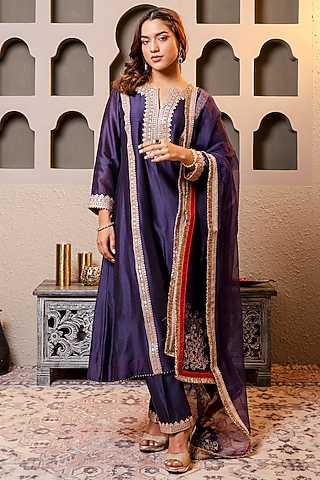 Purple Silk Chanderi Embroidered Kurta Set by Monica Khosla