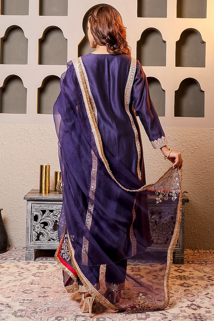 Purple Silk Chanderi Embroidered Kurta Set by Monica Khosla at Pernia's Pop Up Shop