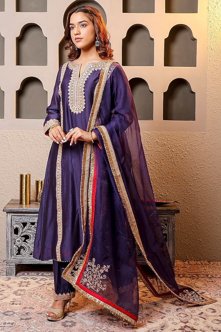 Purple Silk Chanderi Embroidered Kurta Set by Monica Khosla at Pernia's Pop Up Shop