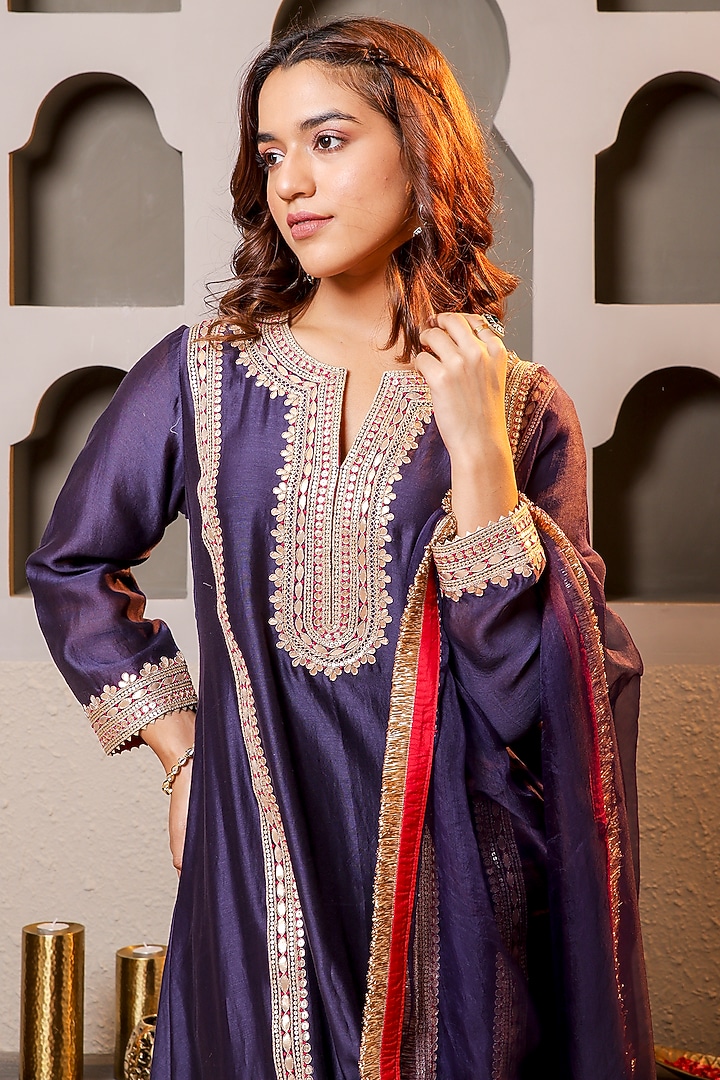 Purple Silk Chanderi Embroidered Kurta Set by Monica Khosla at Pernia's Pop Up Shop