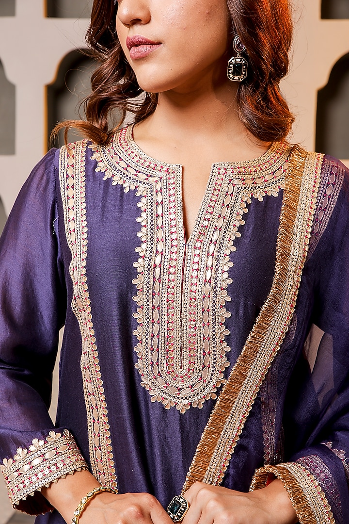 Purple Silk Chanderi Embroidered Kurta Set by Monica Khosla at Pernia's Pop Up Shop