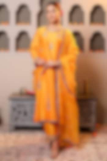 Yellow Silk Chanderi Embroidered Kurta Set by Monica Khosla at Pernia's Pop Up Shop