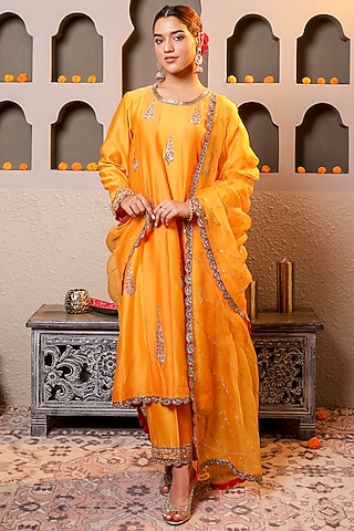 Yellow Silk Chanderi Embroidered Kurta Set by Monica Khosla