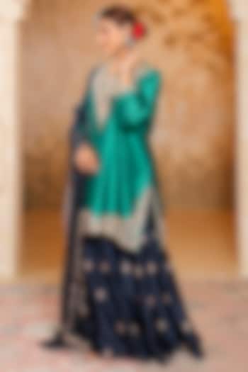 Navy Blue Silk Chanderi Motif Embroidered Wedding Sharara Set by Monica Khosla at Pernia's Pop Up Shop