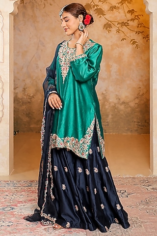 Navy Blue Silk Chanderi Motif Embroidered Sharara Set by Monica Khosla