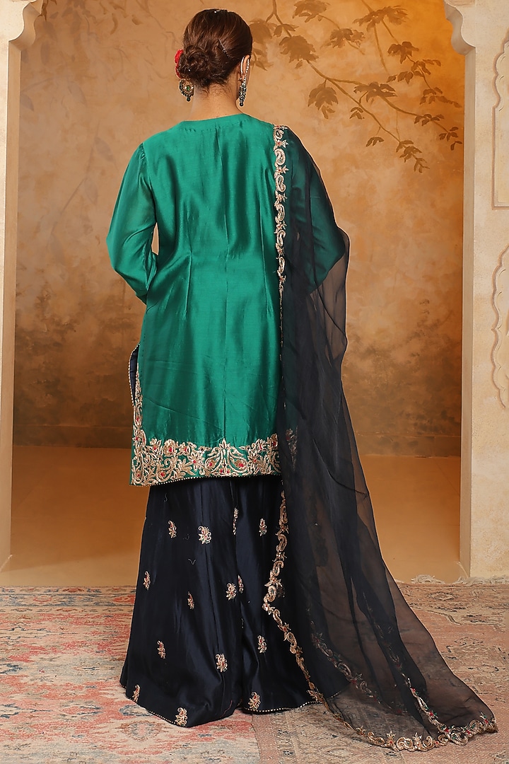 Navy Blue Silk Chanderi Motif Embroidered Wedding Sharara Set by Monica Khosla at Pernia's Pop Up Shop