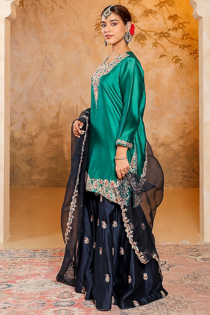 Navy Blue Silk Chanderi Motif Embroidered Wedding Sharara Set by Monica Khosla at Pernia's Pop Up Shop