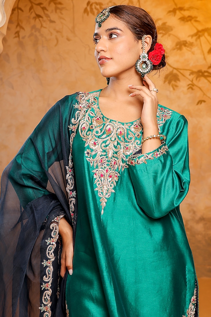 Navy Blue Silk Chanderi Motif Embroidered Wedding Sharara Set by Monica Khosla at Pernia's Pop Up Shop
