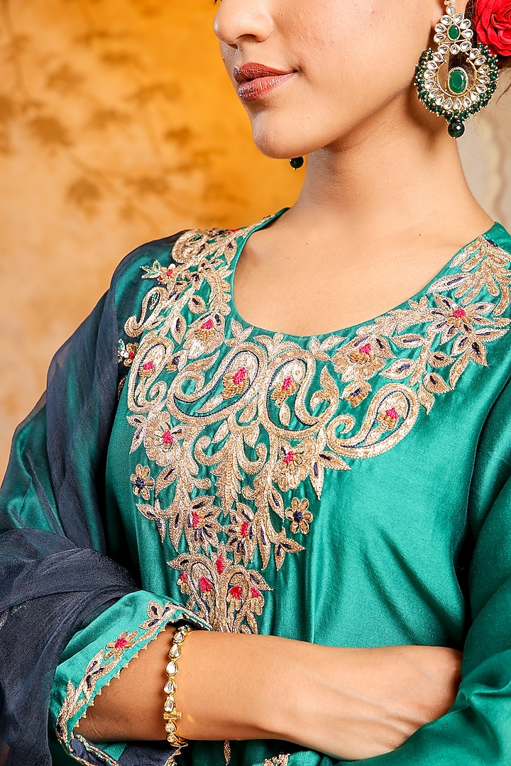 Navy Blue Silk Chanderi Motif Embroidered Wedding Sharara Set by Monica Khosla at Pernia's Pop Up Shop