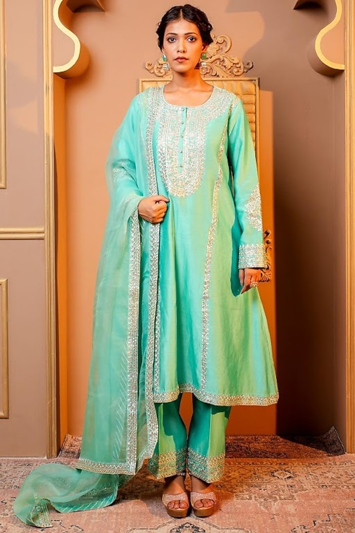 Turquoise Silk Chanderi Embroidered Kurta Set by Monica Khosla at Pernia's Pop Up Shop