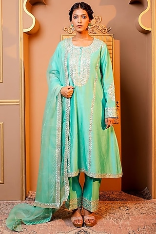 Turquoise Silk Chanderi Embroidered Kurta Set by Monica Khosla