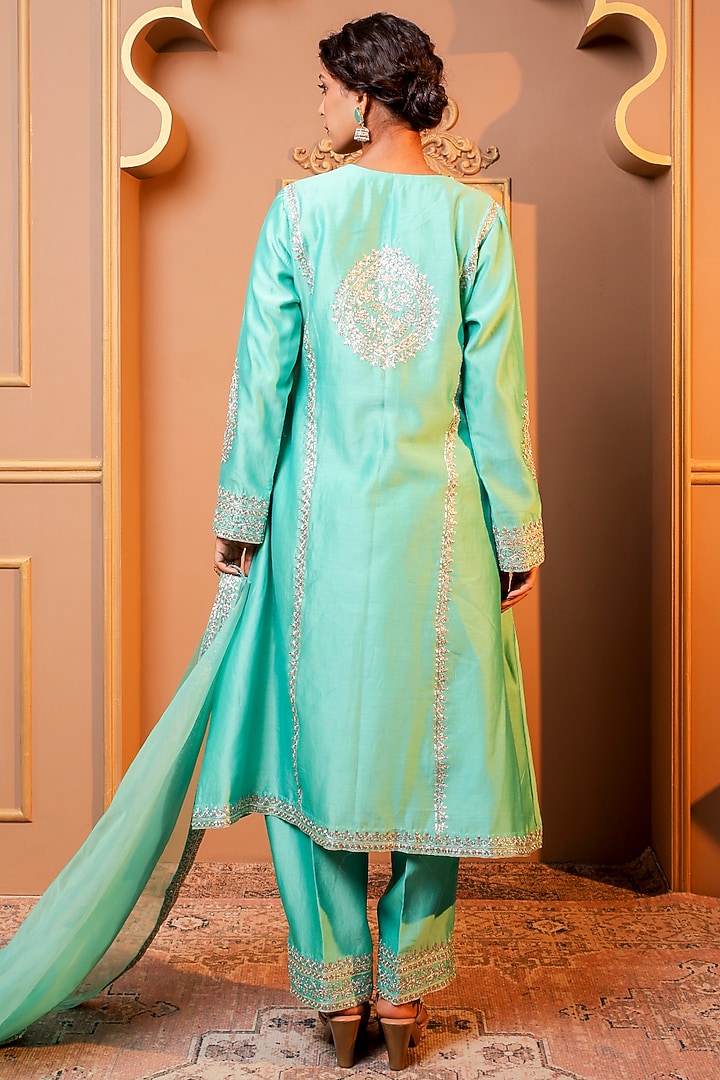Turquoise Silk Chanderi Embroidered Kurta Set by Monica Khosla at Pernia's Pop Up Shop