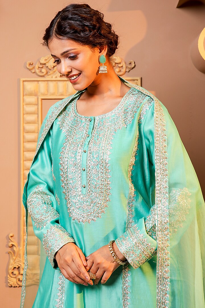 Turquoise Silk Chanderi Embroidered Kurta Set by Monica Khosla at Pernia's Pop Up Shop