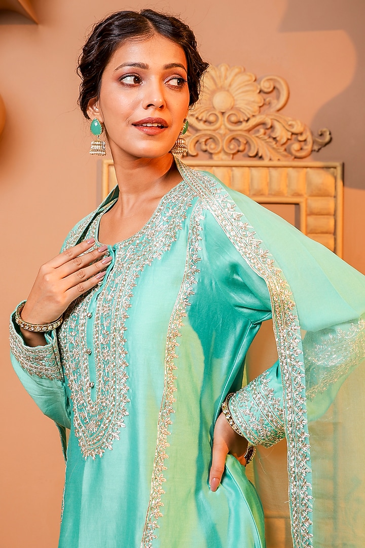 Turquoise Silk Chanderi Embroidered Kurta Set by Monica Khosla at Pernia's Pop Up Shop